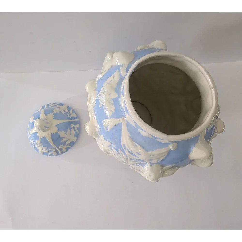 Blue and White Ceramic Cherub Ginger Jar Ornate Relief Urn w Lid 15i